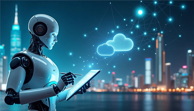 Futuristic Humanoid Robot Interacting with Cloud Technology in Urban Landscape