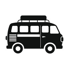 Retro camper van with luggage rack traveling on a road trip silhouette isolated on white background