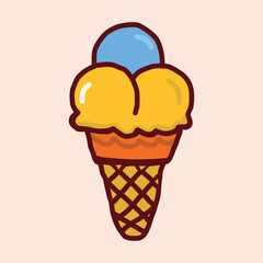 Vibrant cartoon ice cream cone with three scoops of delicious flavors on a light background