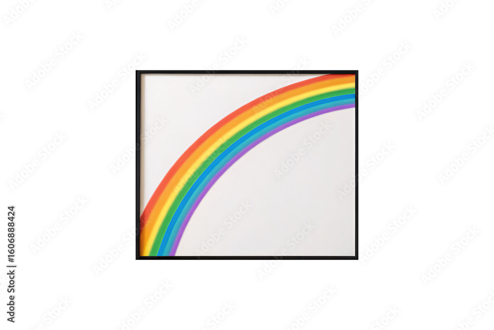Poster framed rainbow artwork showing partial arc in corner with black border on light background, isolated