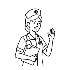 Obraz premium Doodle illustration of a nurse woman character waving hand in uniform and stethoscope