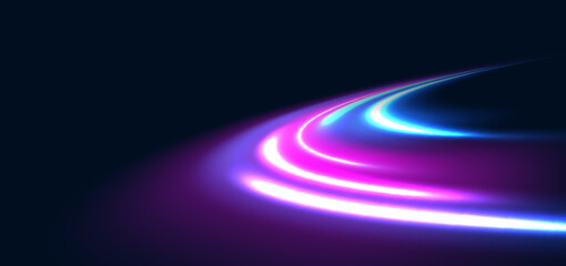 Futuristic glowing blue and pink curved rays on dark blue background.