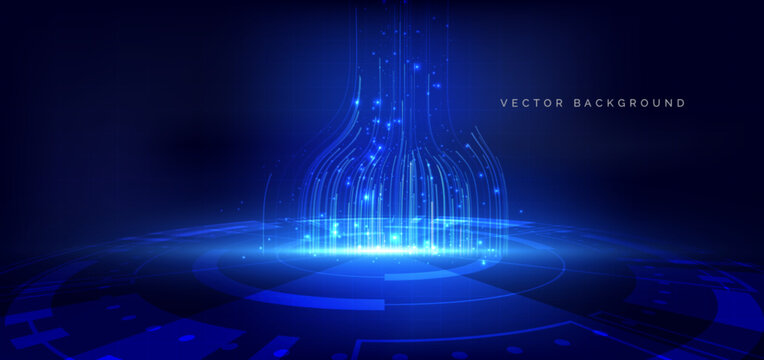 Circle hi tech neon blue light ray on dark blue background with line vertical glowing.