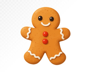 Watercolor illustration of a smiling gingerbread man cookie decorated with white icing and red candy buttons. Vector illustration.