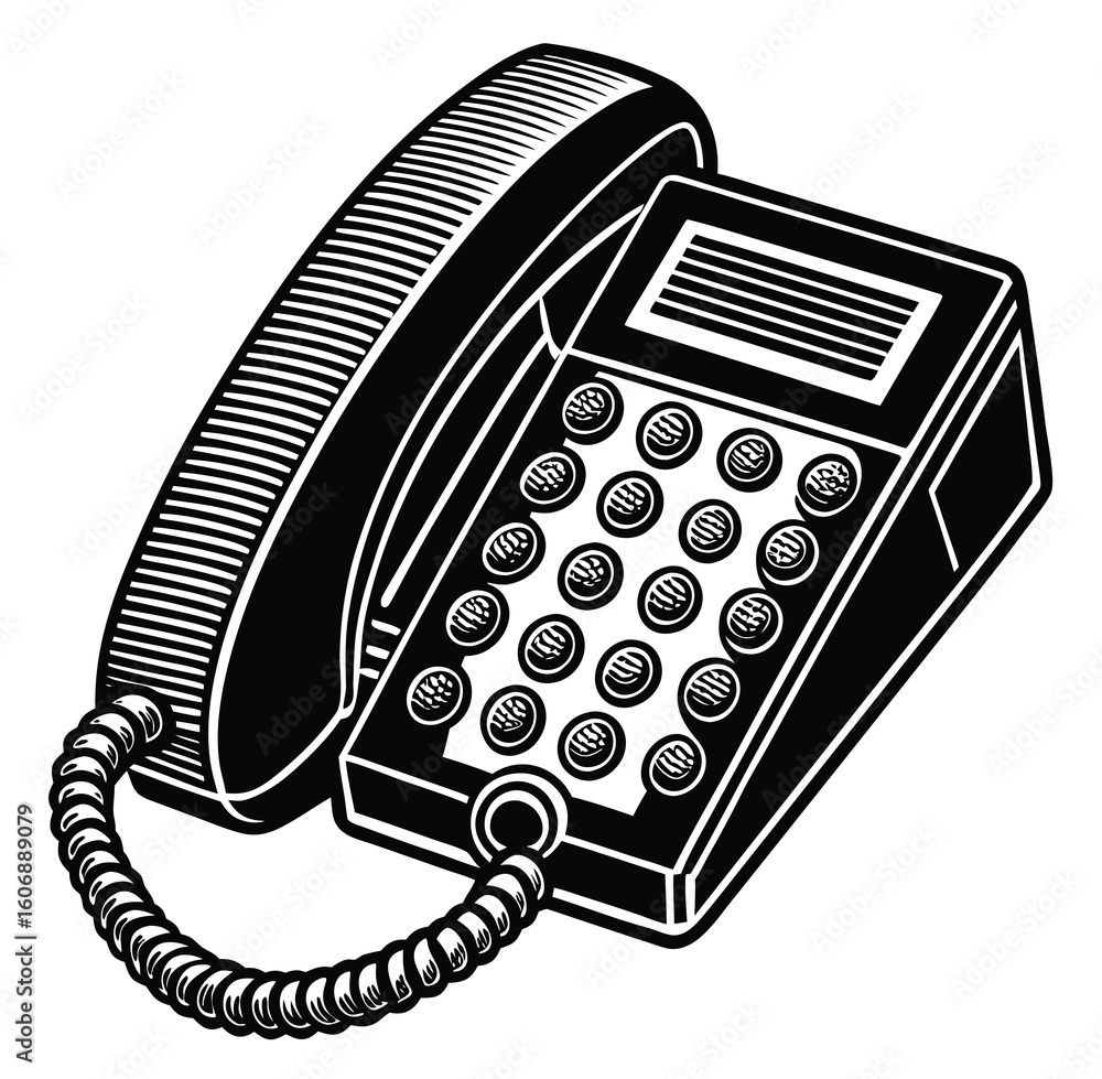 Poster retro phone vector illustration with cord black dial and buttons for communication and office use