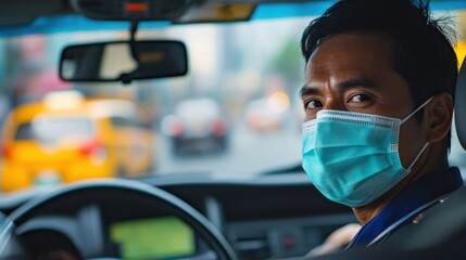 Driver in face mask navigates a busy city during the pandemic era