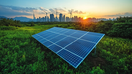 Solar panel sits in field against cityscape at sunset. Emphasizes renewable energy, sustainability. Use for green marketing, web design, corporate responsibility visuals.