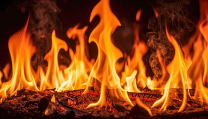 Bright flames burning in bright tongues, with rising smoke, create a dynamic and warm atmosphere