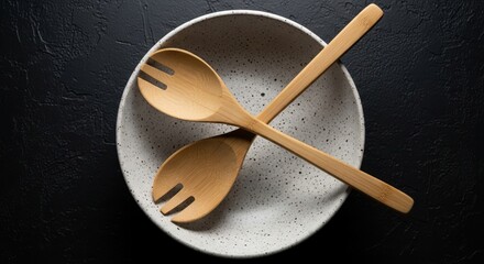 Rustic wooden salad servers resting in a textured bowl