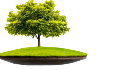 Green tree and grass island floating, isolated, cut out transparent