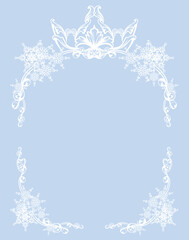 blue and white vector silhouette of royal crown and winter snow flakes forming festive border copy space frame