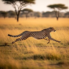 A powerful cheetah captured in mid-sprint, running through the golden grasslands of Africa.