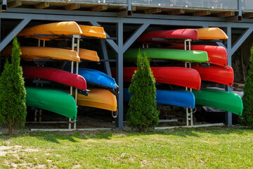 kayaks shelves on the pier, boat storage for sports and tourism