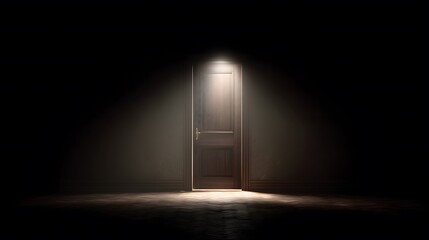 Doorway with bright light, Mysterious door in darkness, Opportunity behind glowing door, Future pathway illuminated entrance