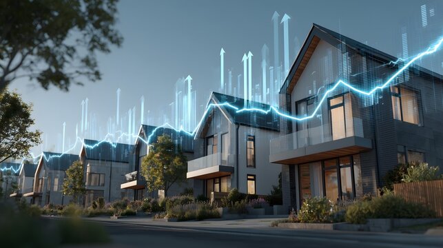 Houses with rising blue graphs, Real estate market growth, Property value increase, Suburban homes financial trend - Powered by Adobe