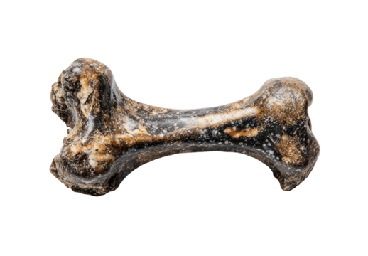Close-up of a fossilized bone shaped like a dog bone.  Dark and light brown hues, textured surface