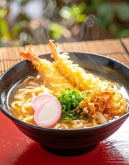 湯気立つ海老天うどん