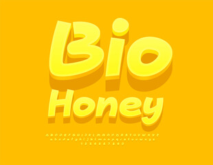 Vector Healthy sign Bio Honey. Sunny Yellow Font. Cute 3D Alphabet Letters, Numbers and Symbols