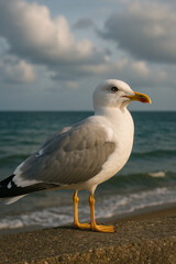 Fototapeta premium White-feathered seagulls stand on a beach rock, their beaks poised by the blue ocean water, embodying the wild coastal nature