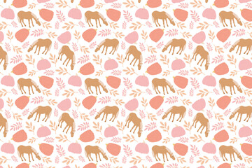 Autumn horses and pumpkins pattern, swatch available in swatches panel, seamless fall design with grazing horses, pastel pumpkins and foliage on white background