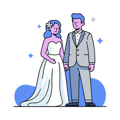 Obraz premium Flat design vector illustration of a bride and groom on their happy wedding day together.