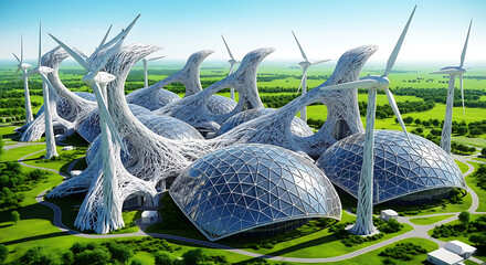 Futuristic architectural design showcasing sustainable energy production with wind turbines and unique structures.