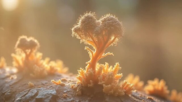 A realistic microscopic loop of black bread mold releasing spores from sporangia and hyphae.
