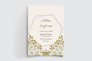 WEDDING INVITATION FRAME WITH FLOWER DECORATIONS AND FRESH LEAVES