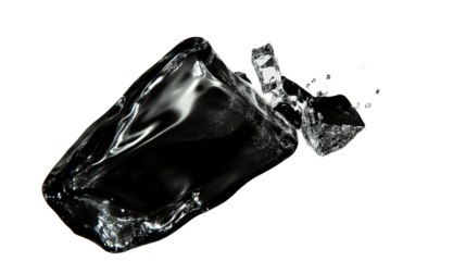 Water in unique form and liquid structures on pure black, cut out transparent