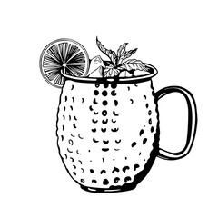 Hand drawn Moscow mule cocktail in copper mug with ice lemon slice and mint leaves sketch black and white vector illustration with textured surface and detailed garnish elements