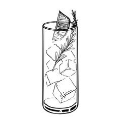 Hand drawn highball glass with ice cubes lemon wedge and rosemary sprig refreshing summer cocktail sketch black and white vector illustration isolated on white background