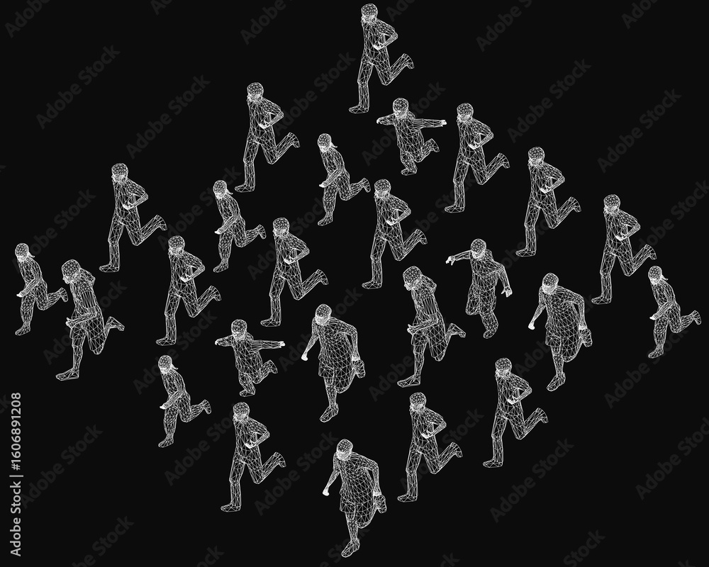 Poster a group of people running in a line on a black background creates a striking 3d wireframe effect. th