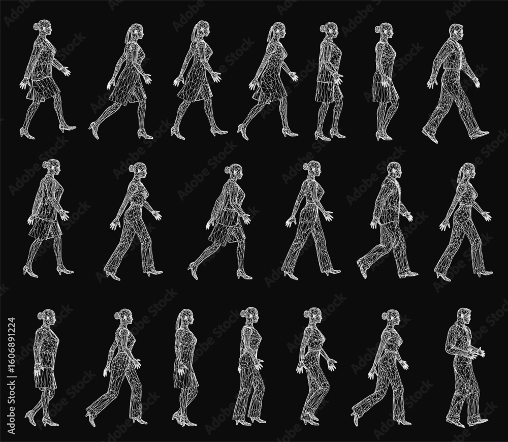 Poster wireframe of people walking in various poses create dynamic movement on a black background. the wire