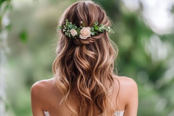 Naklejka premium Bridal half-up half-down hairstyle with soft curls and floral accents outdoor garden setting fashion photography romantic atmosphere elegant viewpoint