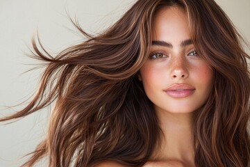 Elegant glossy brunette waves with deep rich tones studio setting portrait photography soft lighting beauty concept for fashion enthusiasts