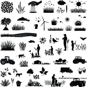 Collection of black farming and agriculture related icons on a white background illustration art