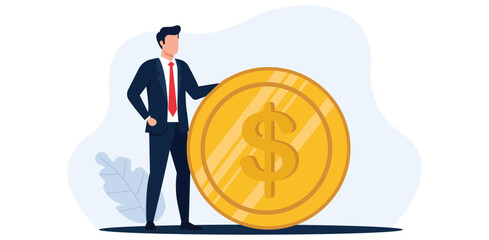 Businessman standing beside giant dollar coin vector illustration representing finance investment profit success wealth management economy savings or business growth
