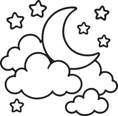 Dreamy Night Scene Illustration Featuring Crescent Moon, Fluffy Clouds and Sparkling Stars in a Whimsical Black and White Design