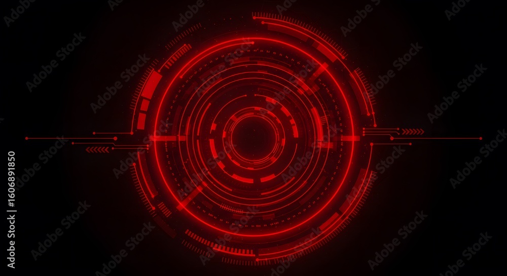 Poster a futuristic abstract design featuring concentric red circles with intricate digital patterns and gl