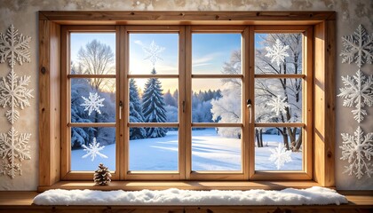 Wooden window overlooking a snowy winter landscape