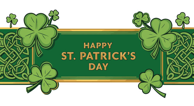 St. Patrick's Day banner with shamrocks and Celtic knot artwork on green background. St. Patrick's Day elements convey seasonal greetings for holiday celebrations and festive events. Consider this St.