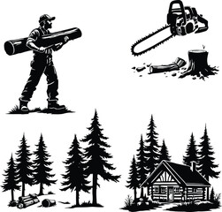 A lumberjack carrying a log with a chainsaw and a cabin in a forest in black and white vector