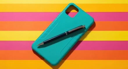 Teal phone case with a pen on a vibrant striped background