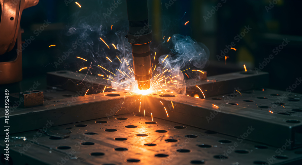Poster automated welding arm close up creating sparks and smoke in a dark industrial workshop