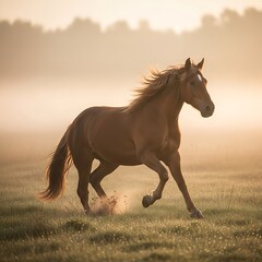Obraz premium A majestic chestnut horse gallops with a flowing mane through a misty field at sunrise
