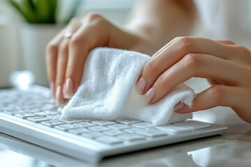 Close-up of hands sanitizing a keyboard with an alcohol wipe for cleanliness and hygiene.