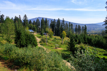 Mountain panorama with summit Gro&szlig;er Falkenstein, animal stalls and feeding sites in Bavarian Forest National Park Falkenstein near Ludwigsthal (Lindberg), Germany