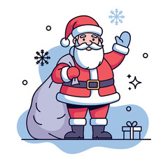 Cartoon Santa Claus character waving with a gift sack, festive Christmas vector illustration