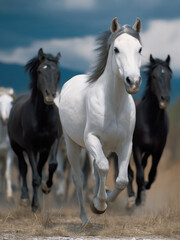 Herd of white and black horse running on dry grassland, dynamic movement, natural outdoor scene, energetic and powerful