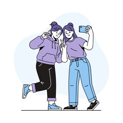 Fototapeta premium Two cheerful young women friends taking a selfie photo with a smartphone vector illustration